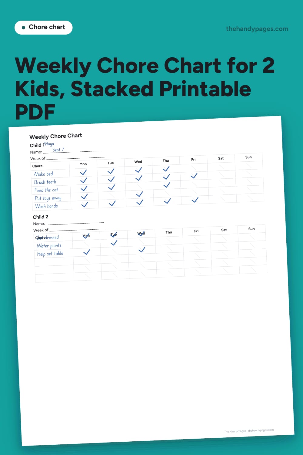 Weekly Chore Chart for 2 Kids, Stacked Printable PDF